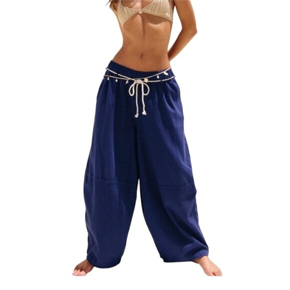 Free People Kayden Barrel Loose-Fit Navy Blue Pants With Drawstring Waist Medium - Picture 1 of 11